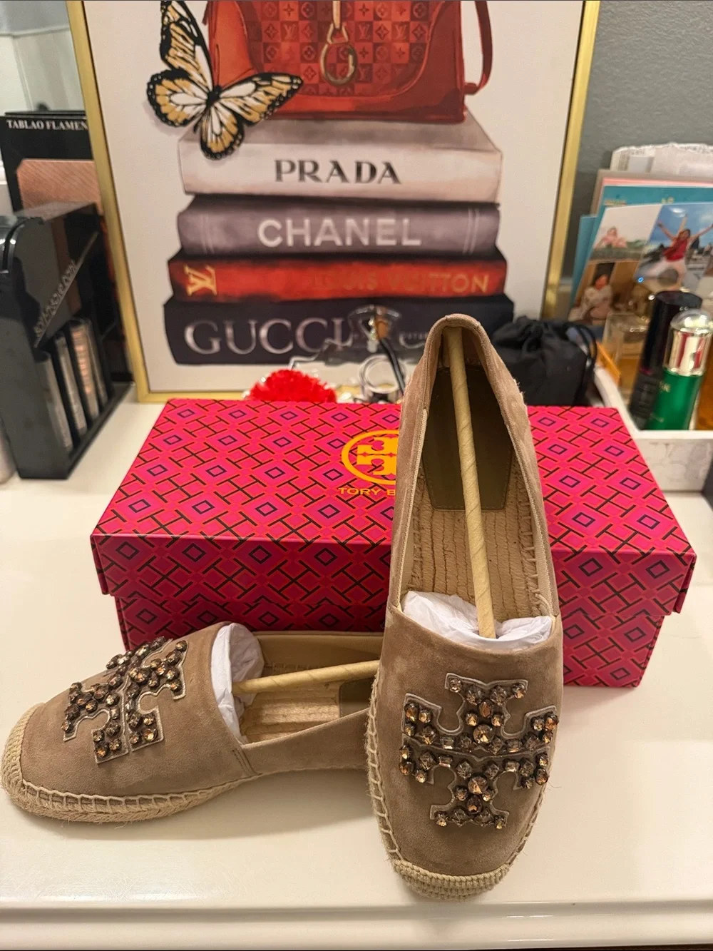Tory Burch Beige Suede Espadrille with Embellished Logo